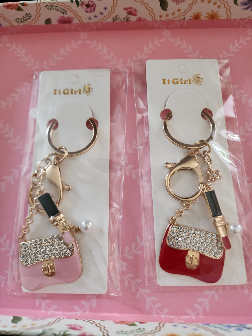 Rhinestone Lipstick & Purse Keychain Charm — Pink or Red - Picture 4 of 4